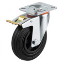 White Smoke Pressed Steel Swivel Castors with Brake and Black Rubber on Polypropylene Wheel - 80mm-150mm