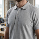 Classic Cotton-Blend Polo Shirt with Knitted Collar - Grey Melange