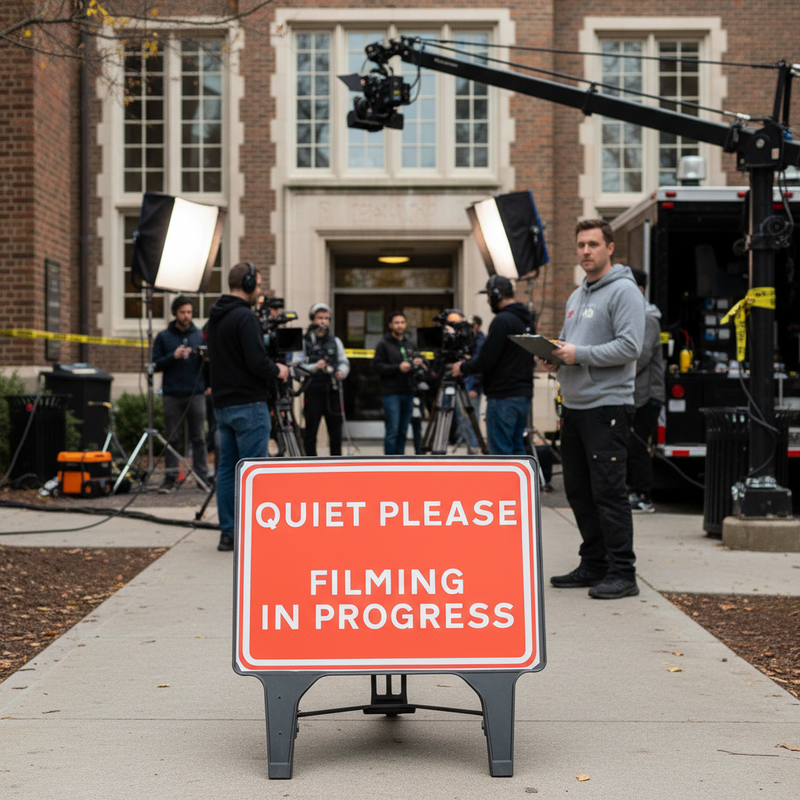 Rosy Brown Heavy Duty Filming in Progress Sign 1050x750mm - Durable Design