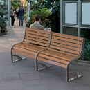 Curved S-frame bench with backrest and Iroko hardwood slats