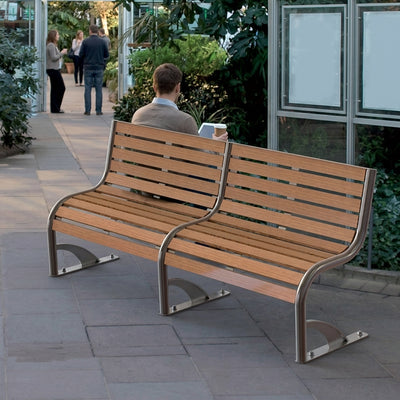 Curved S-frame bench with backrest and Iroko hardwood slats