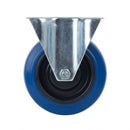 Pressed Steel Fixed Castors With Blue Rubber on Black Polypropylene Wheel - 100mm & 125mm