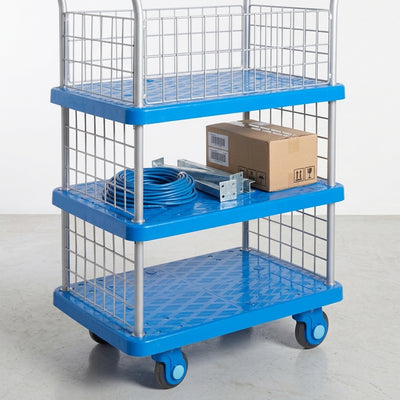 Three-tier platform trolley with mesh ends 300kg capacity
