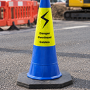 Blue 1000mm Cable Hazard Warning Cone with 'Danger Overhead Cables' (view 2)
