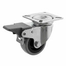 White Smoke Pressed Steel Braked Swivel Castors With Grey Rubber on Black Polypropylene Wheel - 50mm to 100mm