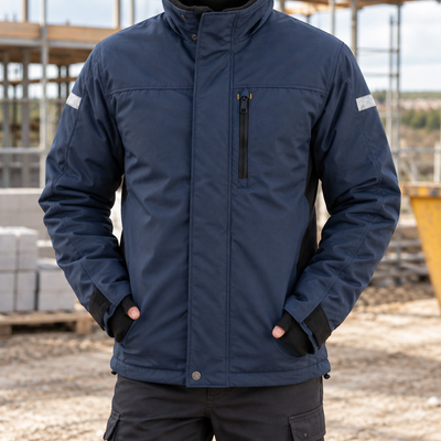 Insulated Work Jacket, Fleece Collar, Stretch Panels - Navy/Black
