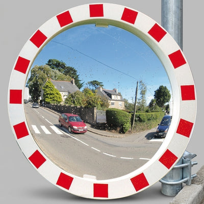 600mm diameter P.A.S convex traffic mirror with red & white frame