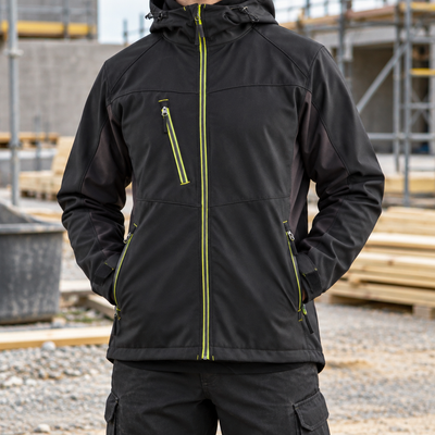 Black/Hi-Vis Yellow Hooded Softshell Work Coat