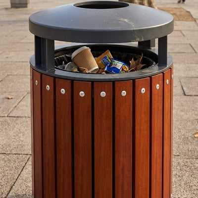 50 Litre Open-Top Hardwood Waste Bin, 450mm Diameter, Steel Frame
