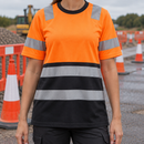 Women's Class 1 High-Visibility Crew Neck Top - Hi-Vis Orange/Black