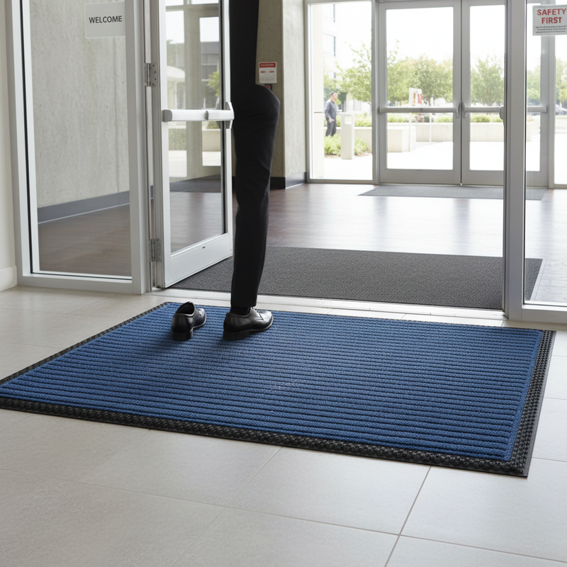 Gray Premium Ribbed Entrance Door Mat - Blue for Indoor Use
