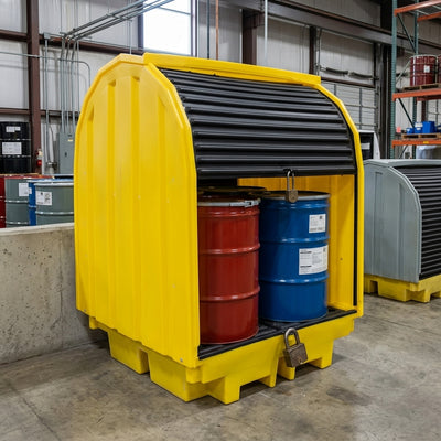 4-Drum Spill Pallet with Hard Cover and Lockable Doors