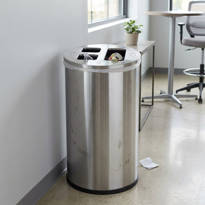Three-compartment recycling bin, 60 litre capacity, black or stainless steel
