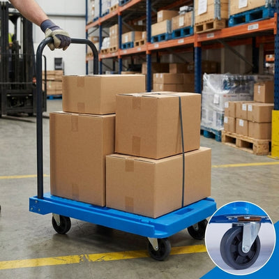 Plastic platform trolley with integral handles and collapsible push bar