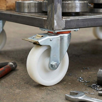 100mm Pressed Steel Swivel Castor Wheel with Directional Brake, 4 Hole Top Plate & White Nylon Wheel - 140kg Load Capacity