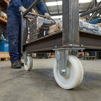 100mm Pressed Steel Fixed Castor with White Nylon Wheel, 4-Hole Top Plate - 140kg Load Capacity