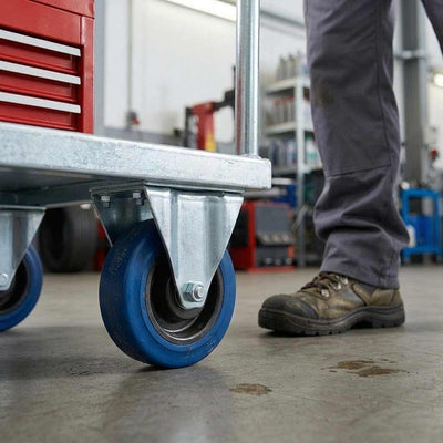 100mm Pressed Steel Fixed Castor with Blue Rubber on Polypropylene Wheel - 120kg Max Load