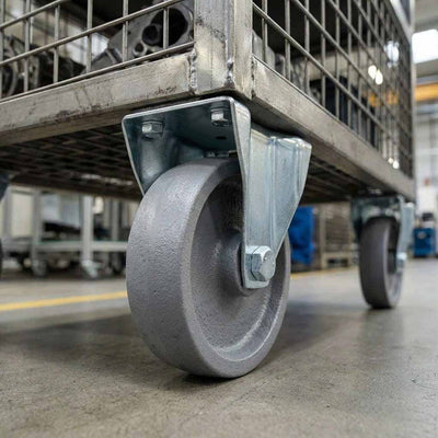 Pressed Steel Fixed Castors With Grey Cast Iron Wheel - 80mm & 100mm