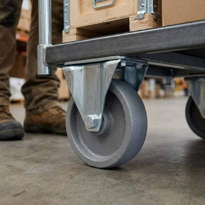 100mm Pressed Steel Fixed Castor - Grey Cast Iron Wheel & 4-Bolt-Hole - 140kg Load Capacity