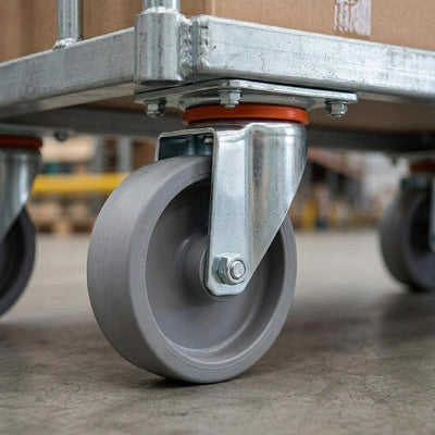 100mm Pressed Steel Swivel Castor - Grey Cast Iron Wheel & 4-Hole Top Plate - 140kg Load Capacity