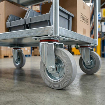 100mm Pressed Steel Swivel Castor Wheel - Grey Rubber - 4-Hole Top Plate - 75kg Load Capacity