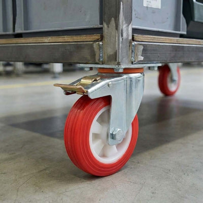 100mm Pressed Steel Swivel Castor Wheel with Directional Brake & Top Plate - Red Polyamide, 110kg Load