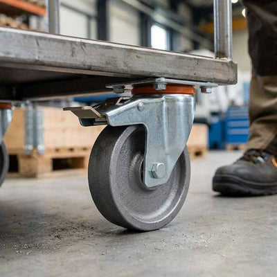 100mm Pressed Steel Swivel Castor with Brake - Grey Cast Iron Wheel & 4-Hole Plate - 140kg Max Load