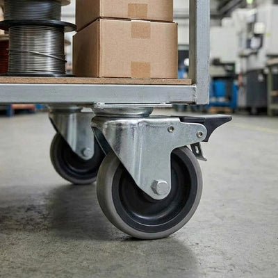 100mm Swivel with Braked Castor Wheel - Grey Rubber on Polypropylene & 4-Hole Top Plate - 80kg Load