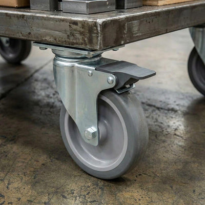 100mm Zinc Plated Swivel Retail Castor Wheel with Brake - Grey Rubber & 4-Hole Top Plate, 80kg Load