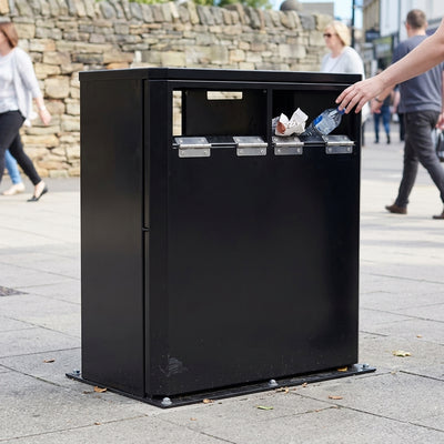 Dual 224-litre steel litter and recycling bin with stainless steel hinges