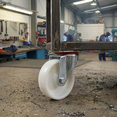 80mm Pressed Steel Swivel Castor Wheel with 4 Hole Top Plate & White Nylon Wheel - 120kg Load Capacity