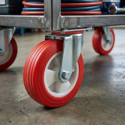 125mm Pressed Steel Swivel Castor Wheel - Red Polyamide, 4-Hole Top Plate - 160kg Load Capacity