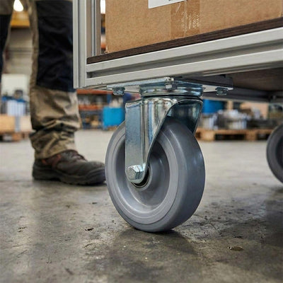 125mm Zinc Plated Swivel Retail Castor Wheel - Grey Rubber, 4-Hole Top Plate - 100kg Load Capacity