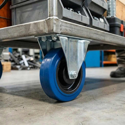 125mm Pressed Steel Fixed Castor with Blue Rubber on Polypropylene Wheel - 140kg Max Load