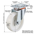 White Smoke 125mm Pressed Steel Swivel Castor Wheel with 4 Hole Top Plate & White Nylon Wheel - 160kg Load Capacity