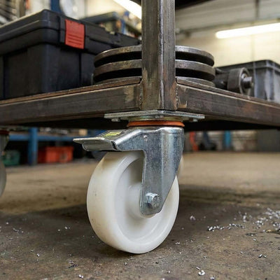 125mm Pressed Steel Swivel Castor Wheel with Directional Brake, 4 Hole Top Plate & White Nylon Wheel - 160kg Load Capacity