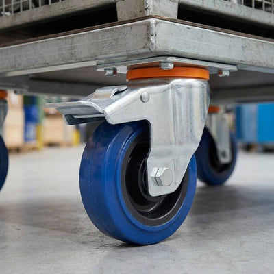 125mm Swivel Castor With Blue Rubber on Polypropylene Wheel, Directional Brake - 140kg Max Load