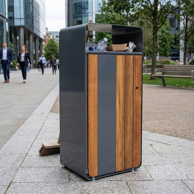 90L slimline galvanised steel and Iroko wood litter bin