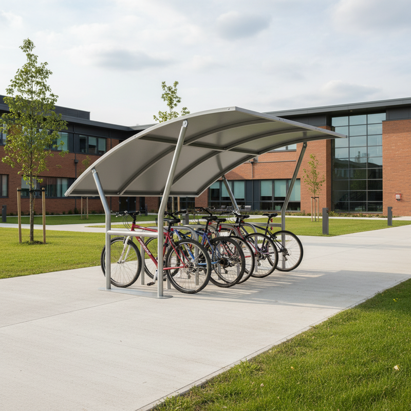 Light Gray Premium Cycle Shelter with Galvanised Curved Roof and Extension Bays