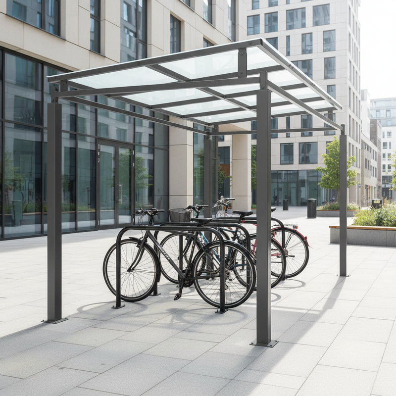 Light Gray Premium Bike Shelter Walkway Cover with Clear Roof - Extension Bay