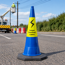 Blue 1000mm Cable Hazard Warning Cone with 'Danger Overhead Cables'