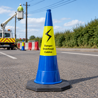 Blue 1000mm Cable Hazard Warning Cone with 'Danger Overhead Cables'