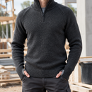 Half-Zip Wool Work Sweater with Reinforced Elbows - Anthracite Melange
