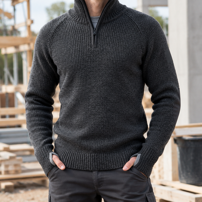 Half-Zip Wool Work Sweater with Reinforced Elbows - Anthracite Melange