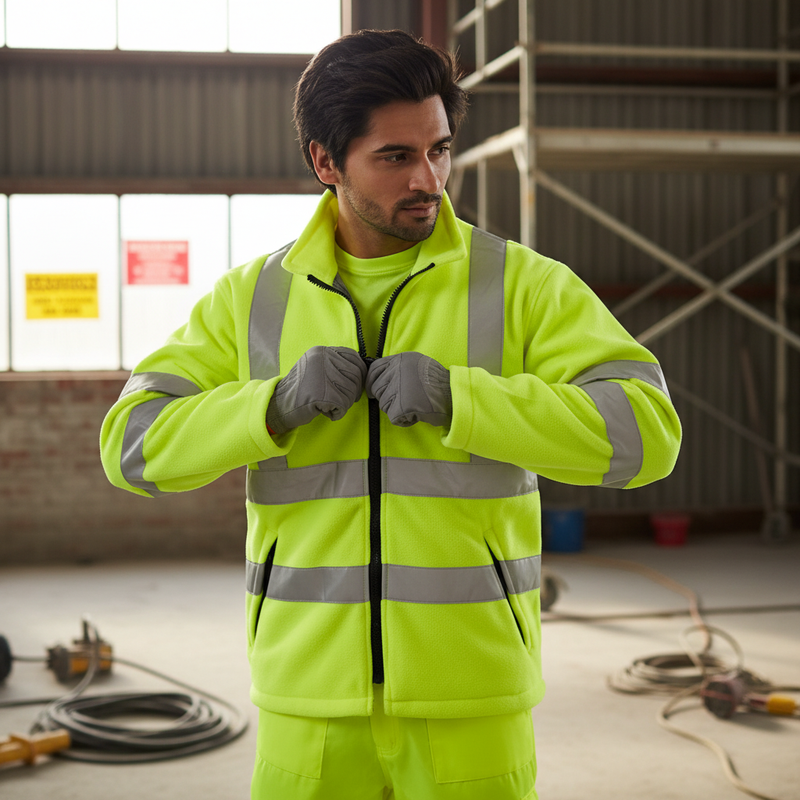 Dark Olive Green Premium Hi-vis Fleece Jacket - Bright Yellow for Safety