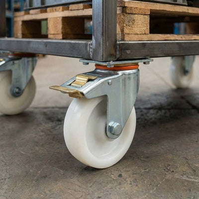 150mm Pressed Steel Swivel Castor Wheel with Directional Brake, 4 Hole Top Plate & White Nylon Wheel - 180kg Load Capacity