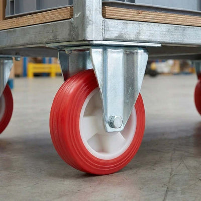 150mm Pressed Steel Fixed Castor Wheel - Red Polyurethane on White Nylon - 180kg Load Capacity