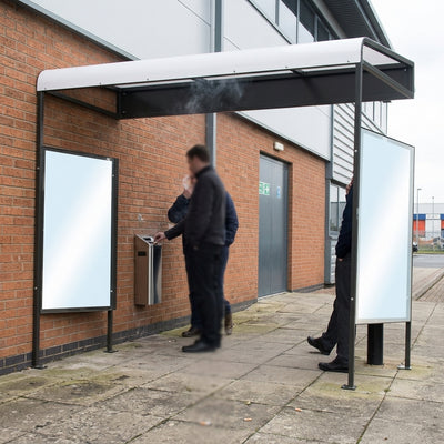 Wall-mounted smoking shelter with polycarbonate roof and steel frame