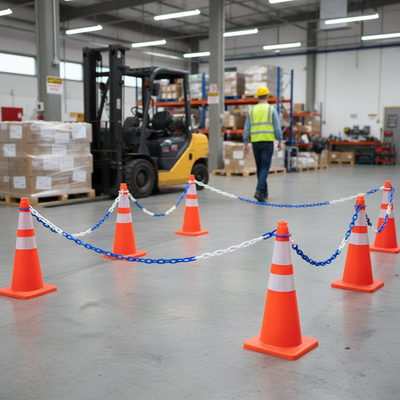 2.5m Heavy Duty Plastic Cone Chain in Blue & White for Safety