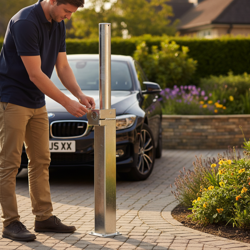 Dark Olive Green Heavy Duty Retractable Telescopic Round Parking Post with Lock - 745mm